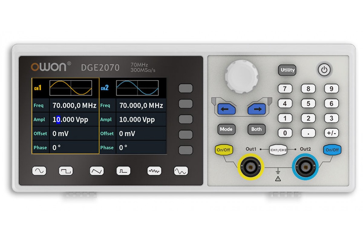 DGE2070 генератор сигналів OWON, 2 канала х 70МГц, 300МВ/с, AM, FM, PM, FSK, Sweep DGE2070 генератор сигналів OWON, 2 канала х 70МГц, 300МВ/с, AM, FM, PM, FSK, Sweep