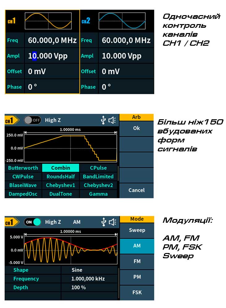 DGE2070 генератор сигналів OWON, 2 канала х 70МГц, 300МВ/с, AM, FM, PM, FSK, Sweep DGE2070 генератор сигналів OWON, 2 канала х 70МГц, 300МВ/с, AM, FM, PM, FSK, Sweep